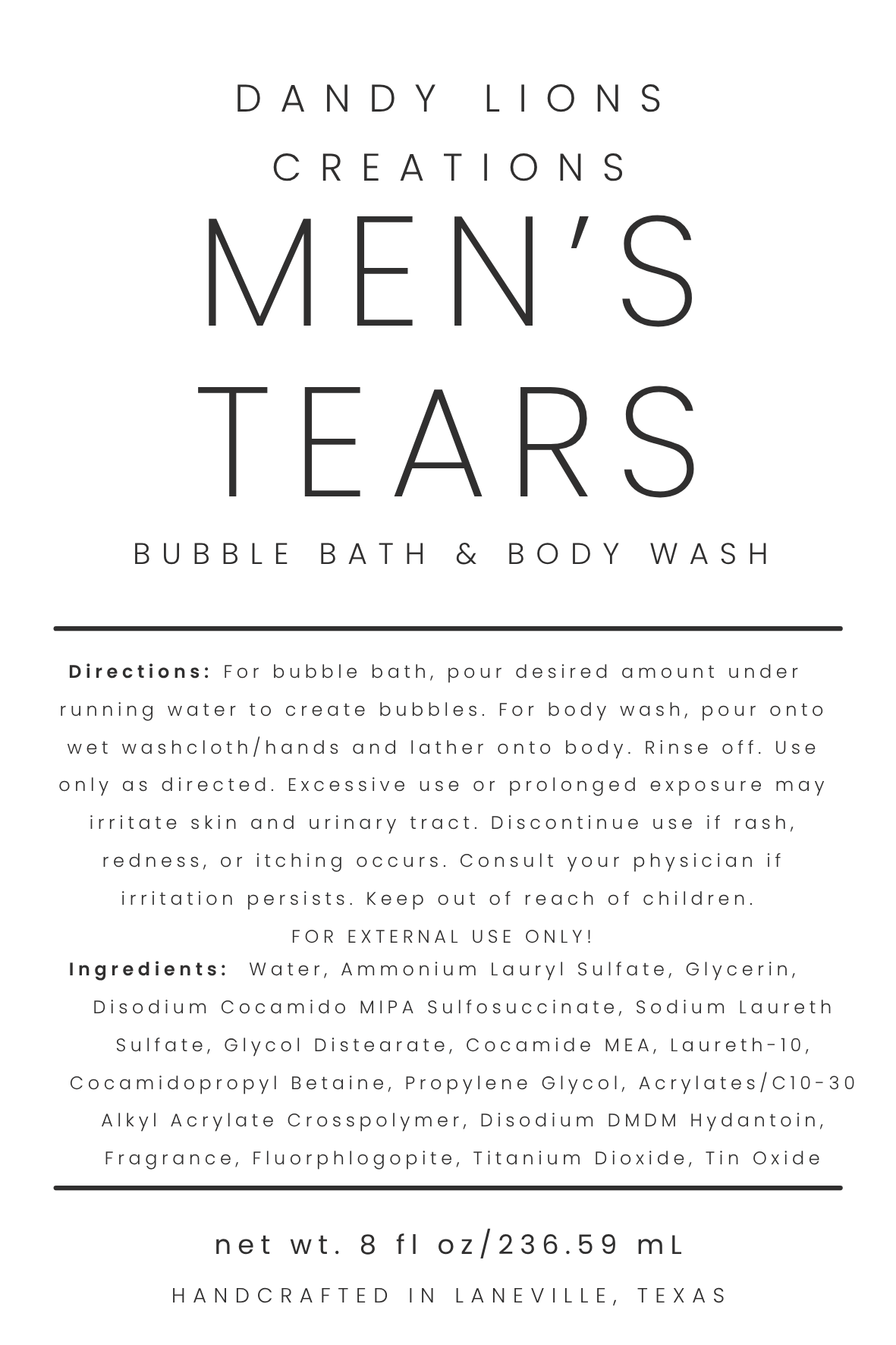 Men's Tears bubble bath & body wash